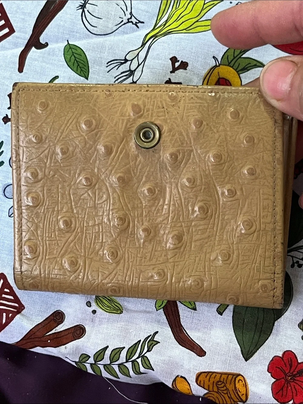 Saks Fifth Avenue Tan Faux-Ostrich Key & Card Wallet